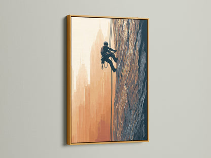 Rock climbing artwork in a gold frame. The gold frame adds a touch of elegance. This climb art is perfect for studios. The mountain art is a great conversation starter.