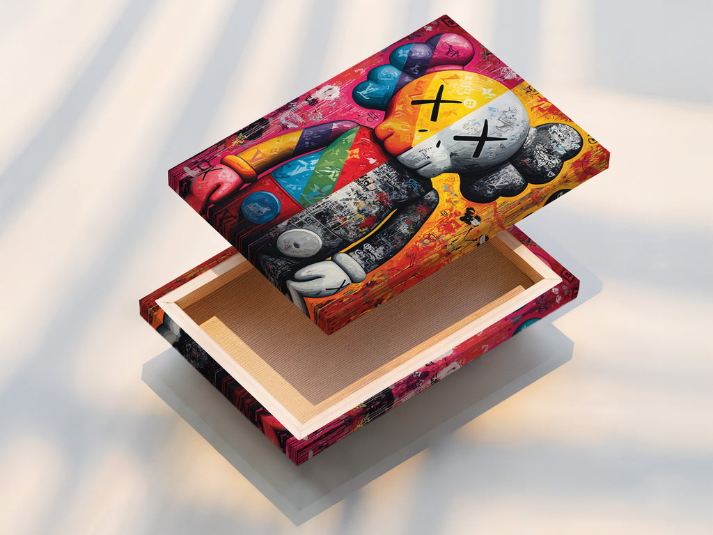 Stretched canvas print of the KAWS Companion artwork. This street art canvas transforms any room. The pop art graffiti poster is perfect for a modern home office. Urban art print for creative studios.