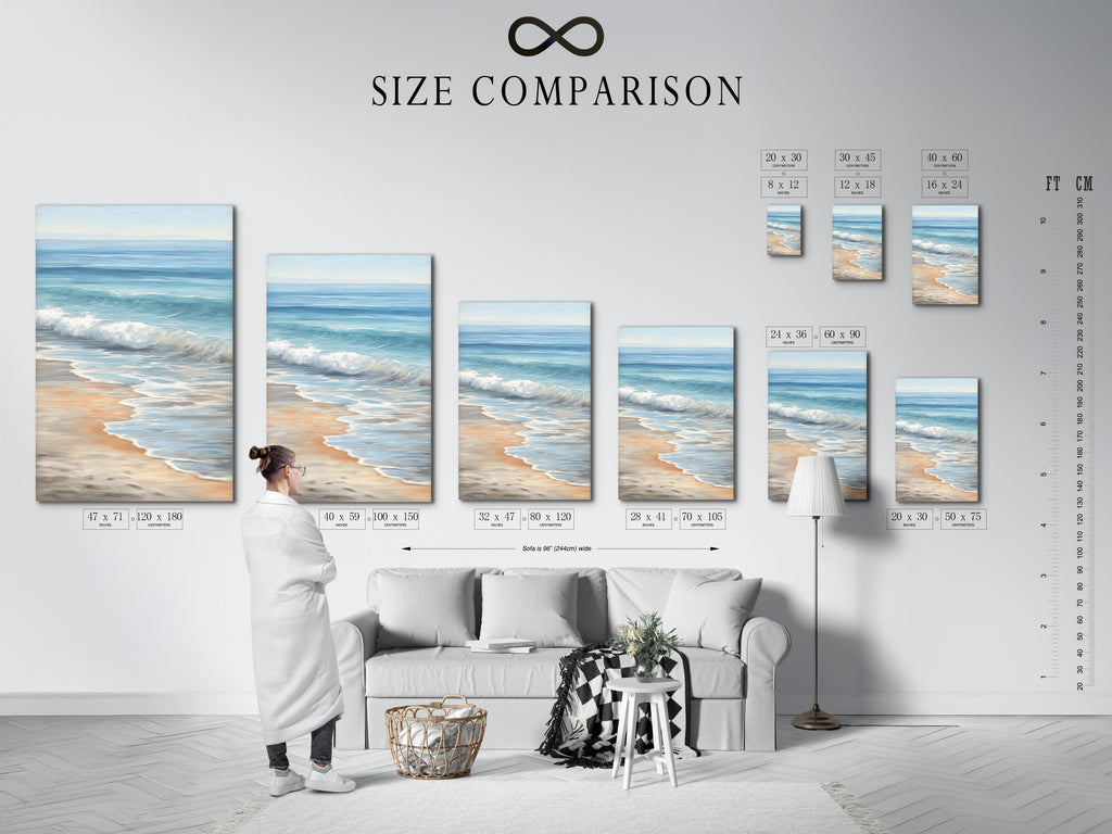 Size comparison chart in an interior setting. Find the perfect size for your seascape canvas print. Visualize how the coastal artwork will look in your space. Enhance your home with the ideal beach wall art.