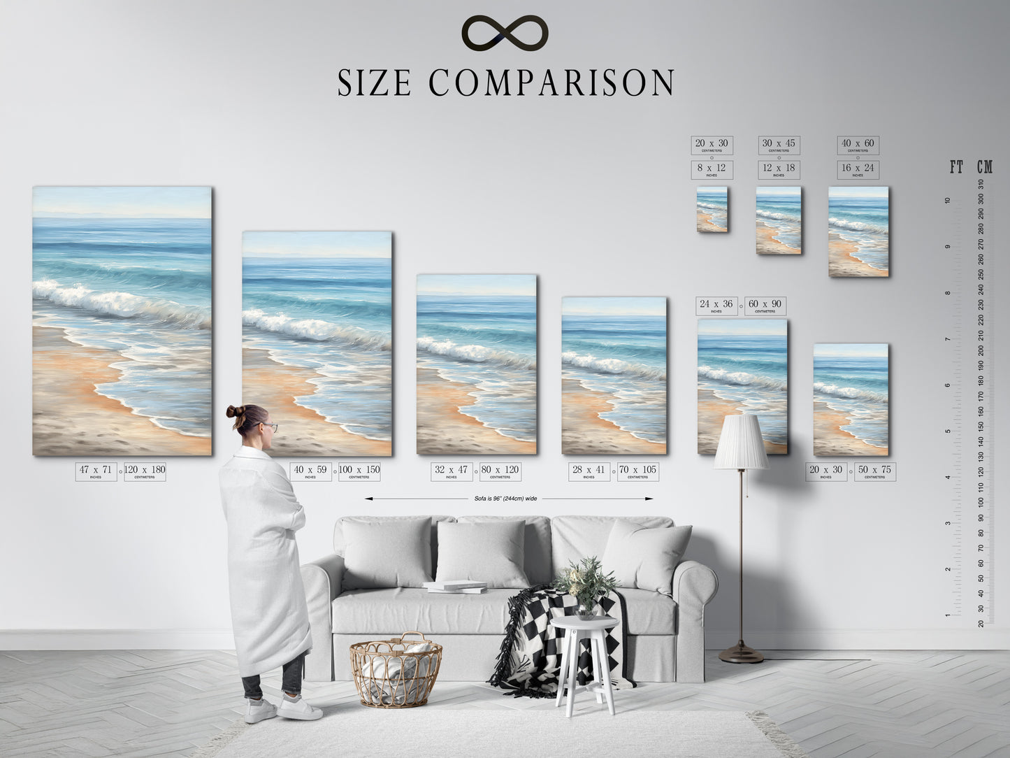 Size comparison chart in an interior setting. Find the perfect size for your seascape canvas print. Visualize how the coastal artwork will look in your space. Enhance your home with the ideal beach wall art.
