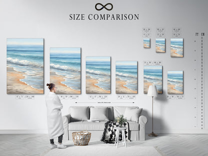 Size comparison chart in an interior setting. Find the perfect size for your seascape canvas print. Visualize how the coastal artwork will look in your space. Enhance your home with the ideal beach wall art.