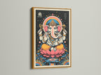 Ganesha Art in a gold frame. This Hindu wall art adds a spiritual touch to your home. The meditation art is perfect for a yoga studio. Elephant deity artwork brings positive energy. This Ganesha lotus art print is vibrant.