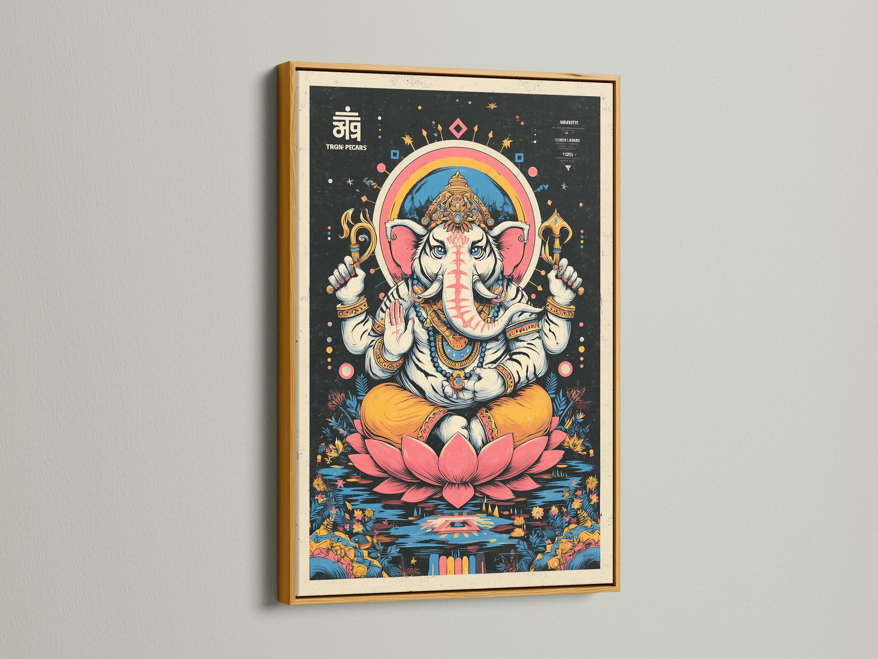 Ganesha Art in a gold frame. This Hindu wall art adds a spiritual touch to your home. The meditation art is perfect for a yoga studio. Elephant deity artwork brings positive energy. This Ganesha lotus art print is vibrant.
