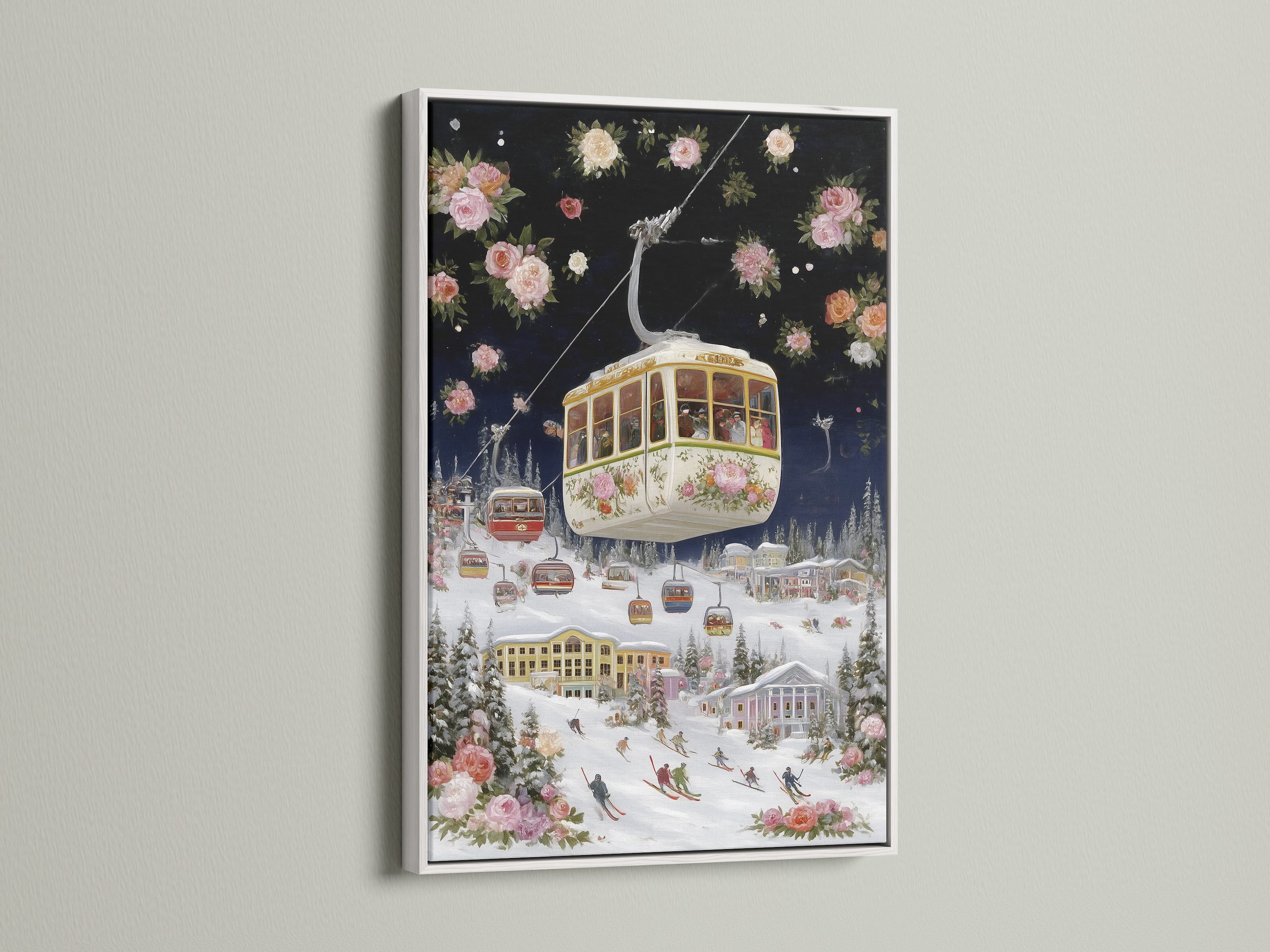 Ski resort canvas artwork with a white frame. This vintage floral alpine wall art features a gondola winter landscape. Perfect ski lodge decor for bedroom wall art. Add a touch of winter to your space with this ski art print.