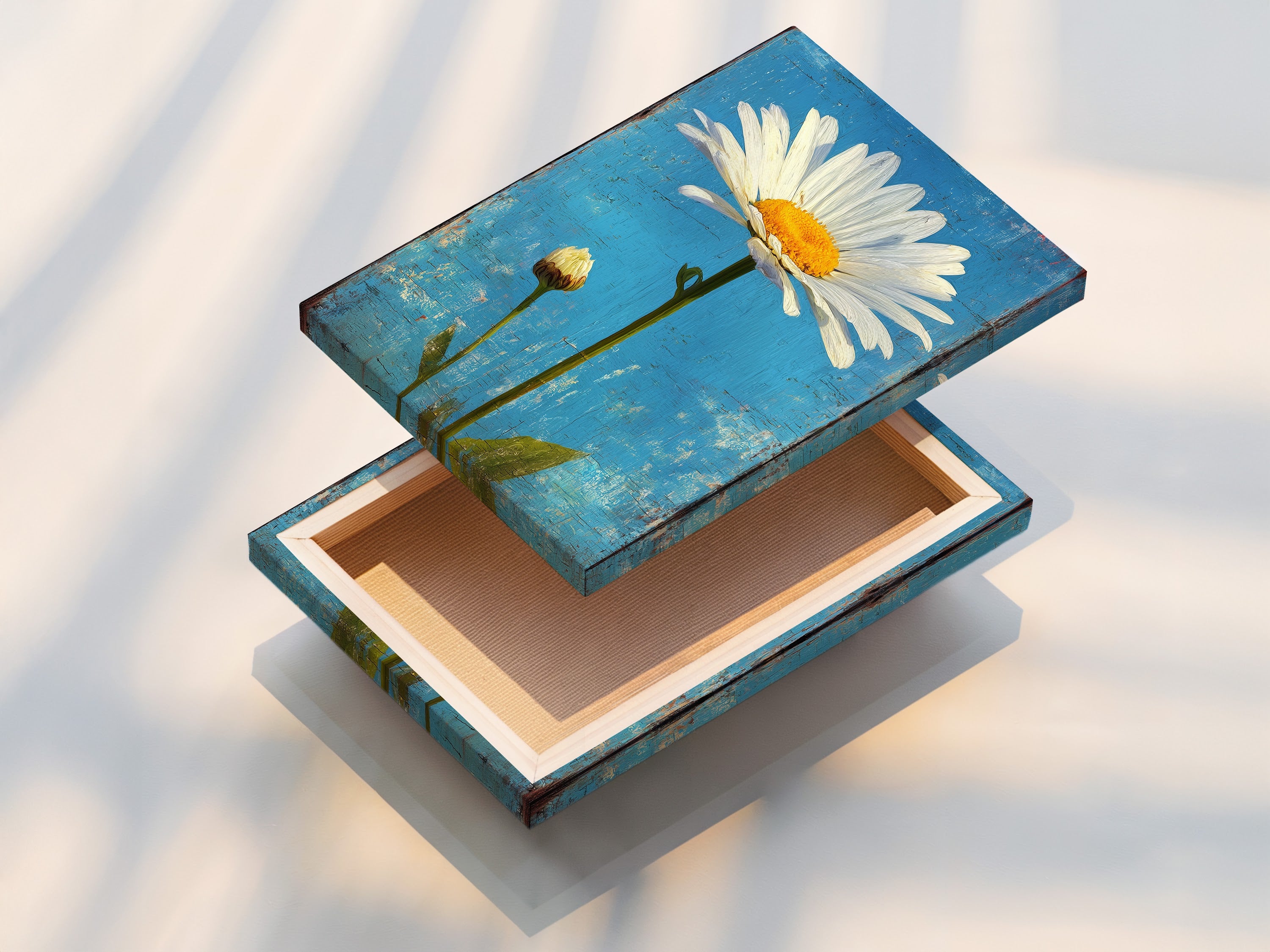 A stretched canvas print featuring a daisy. The canvas texture enhances the artwork. This ready-to-hang canvas adds a gallery touch to your home. Enjoy the beauty of floral art with this canvas print.