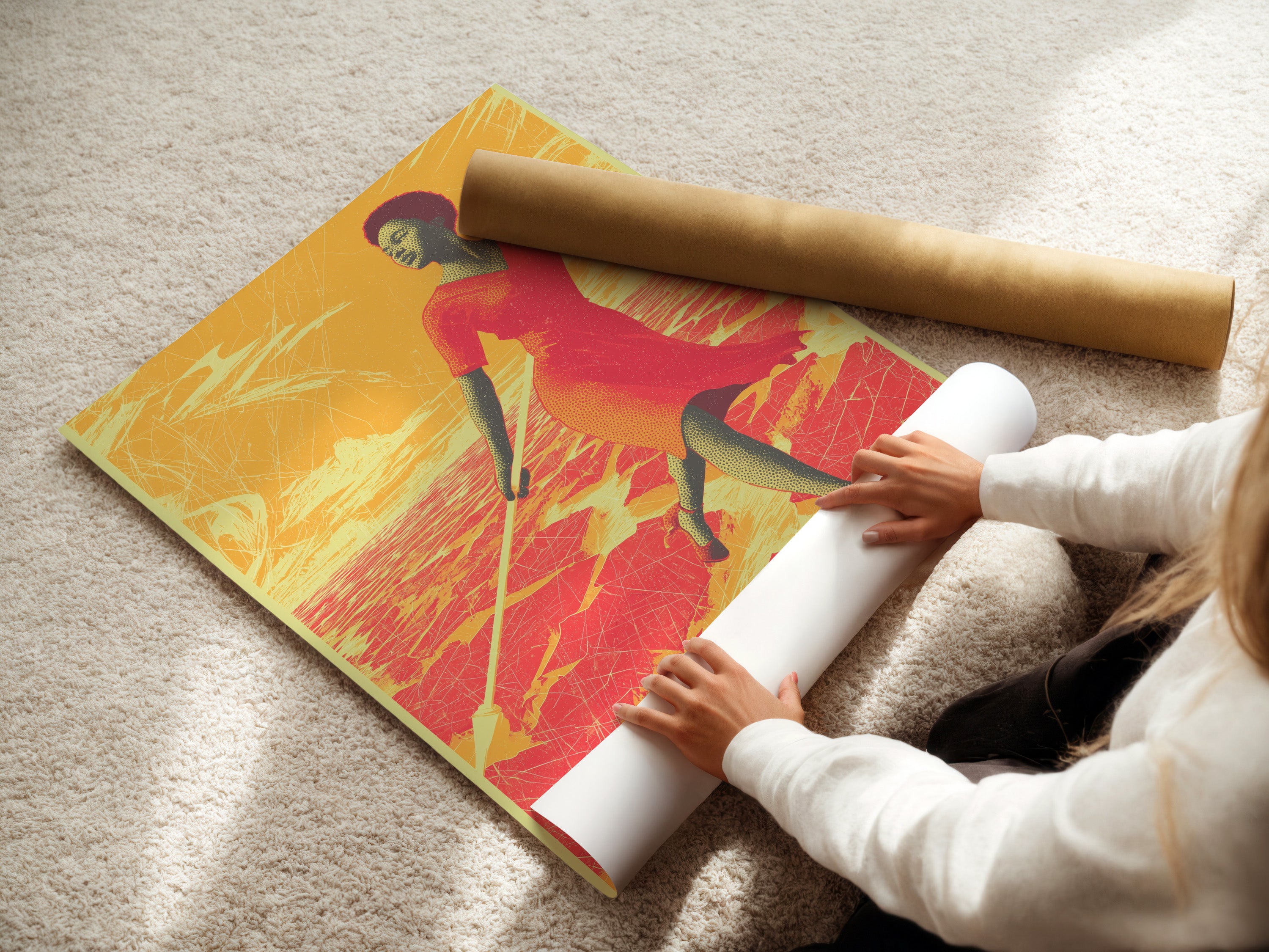 A woman is carefully rolling a fine art poster paper. This showcases the African Woman Art Print. The desert sunset canvas print is ready for framing. Perfect for adding a touch of cultural art to your home.