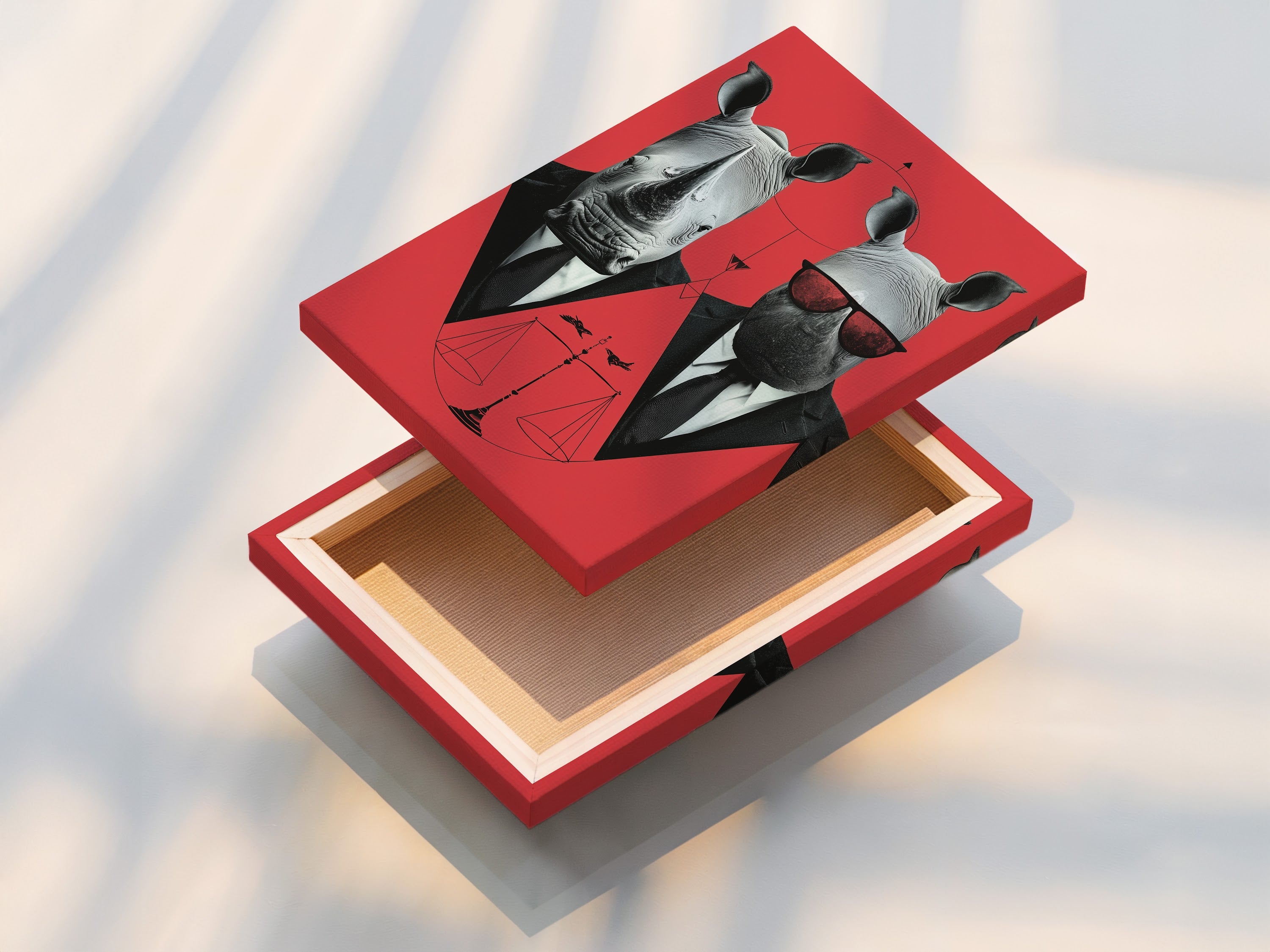 A stretched canvas print of the Rhino Business Suit artwork. The stretched canvas provides a gallery-ready look. This contemporary print is perfect for adding personality. It is ideal for offices studios or living spaces.