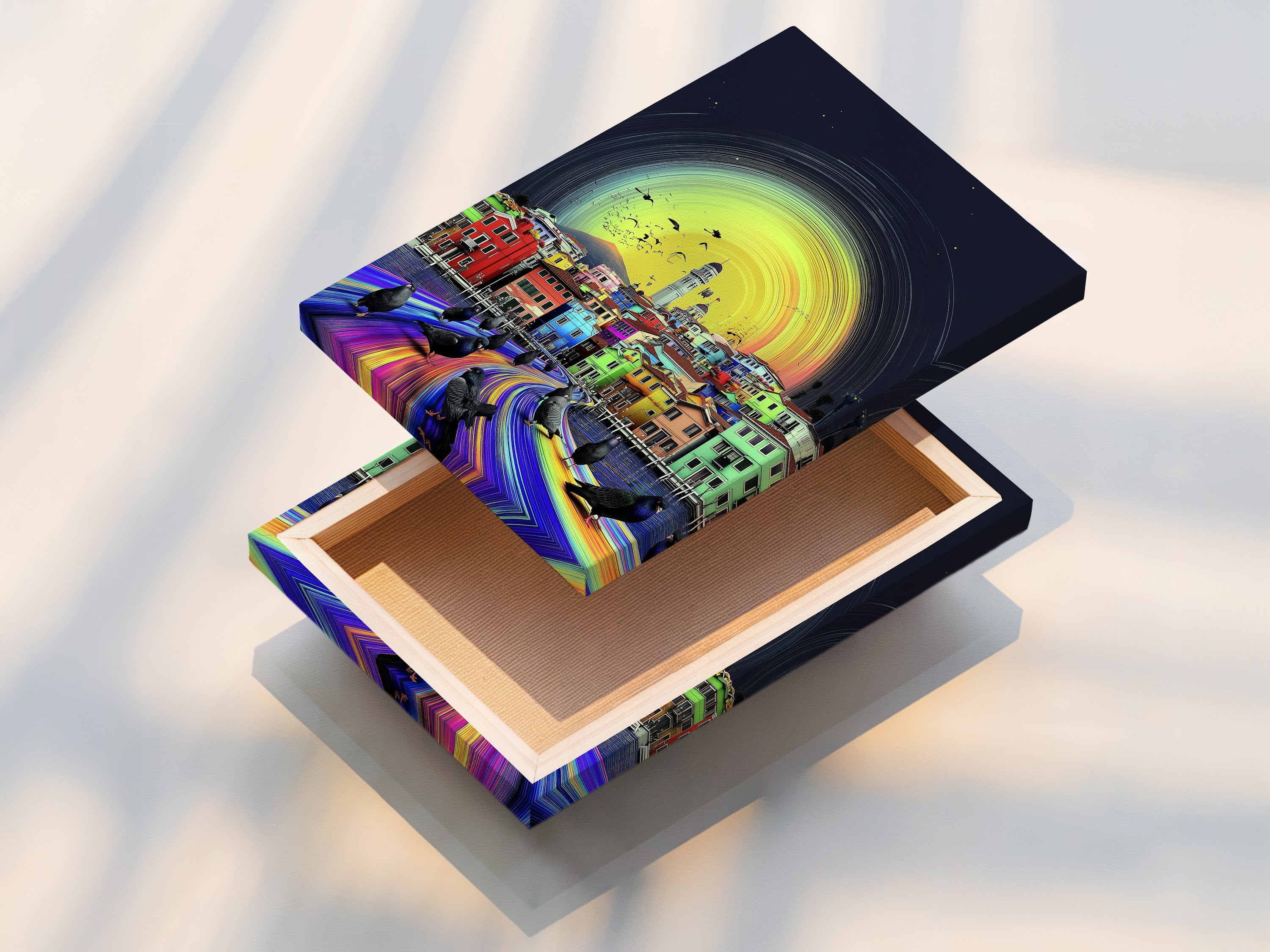 A stretched canvas print of a colorful Venice cityscape. The artwork is ready to hang and transform any space. Ideal for European wall art collections or as a statement piece. This vivid art print captures the essence of Italy.