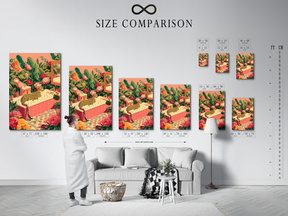 See a size comparison chart displayed in a stylish interior. Visualize the perfect art size for your space. We help you make the right choice. Our size chart offers a helpful guide. Find the ideal artwork dimensions for your home or office. Explore our range of sizes today.
