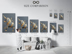 This size comparison chart shows the golden bull artwork in an interior. Visualize how the art fits in your space. The modern farmhouse decor enhances any room. The abstract print is perfect for study rooms. The minimalist art complements various styles. This is ideal for renters and business owners.