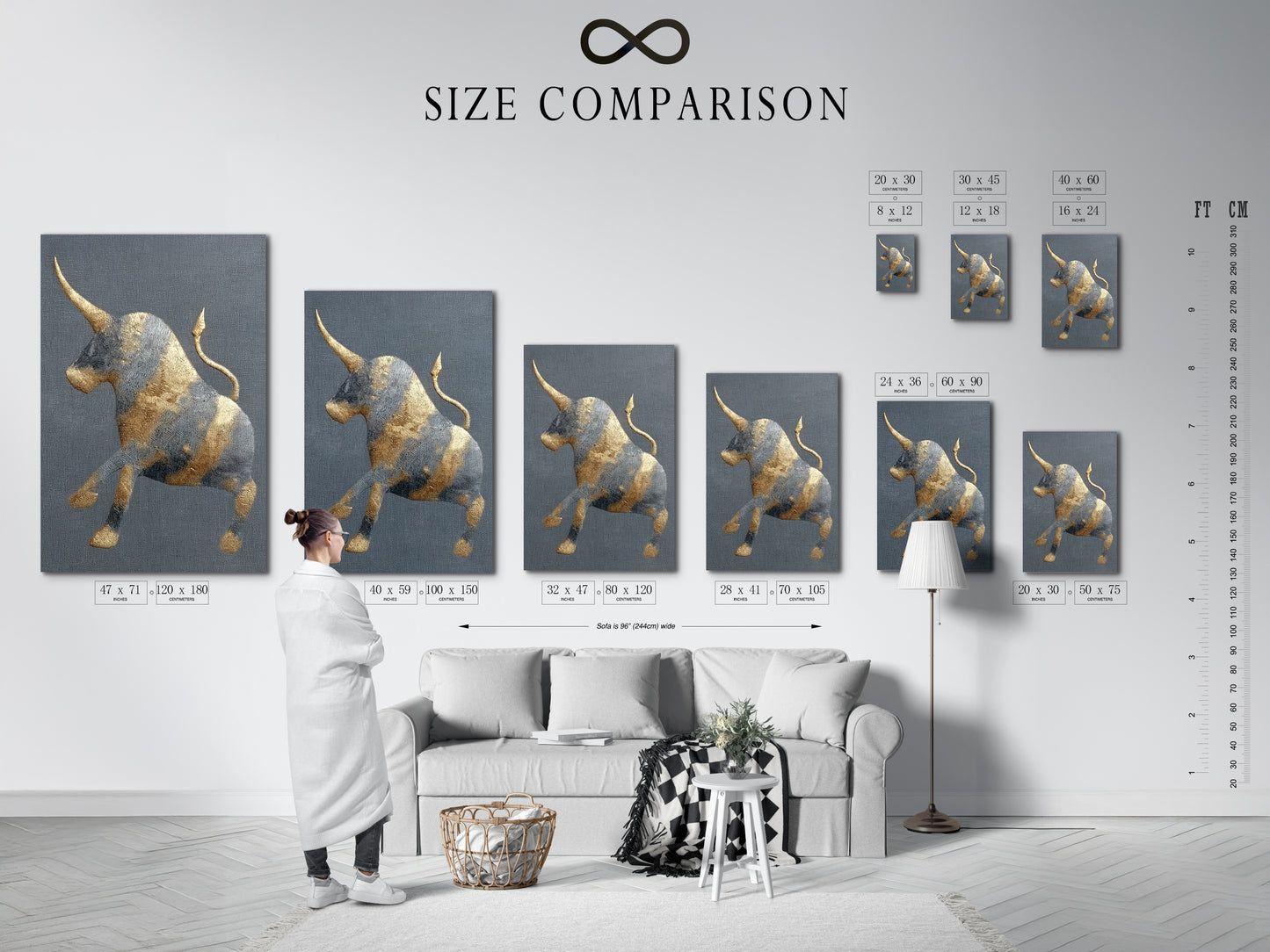 This size comparison chart shows the golden bull artwork in an interior. Visualize how the art fits in your space. The modern farmhouse decor enhances any room. The abstract print is perfect for study rooms. The minimalist art complements various styles. This is ideal for renters and business owners.