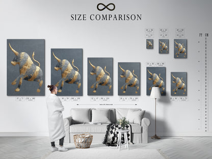 This size comparison chart shows the golden bull artwork in an interior. Visualize how the art fits in your space. The modern farmhouse decor enhances any room. The abstract print is perfect for study rooms. The minimalist art complements various styles. This is ideal for renters and business owners.