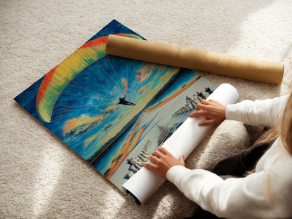 A woman is carefully rolling a fine art poster paper. This action prepares the chess skydiving artwork for display. The surreal print is perfect for those seeking unique and modern wall art for their home or office.