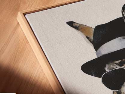 A close-up of the Gentleman Rabbit canvas print in a floating frame. The floating frame gives a modern gallery look. This dapper bunny wall artwork enhances any room. Perfect for adding a contemporary touch. The artwork looks stunning and sophisticated.