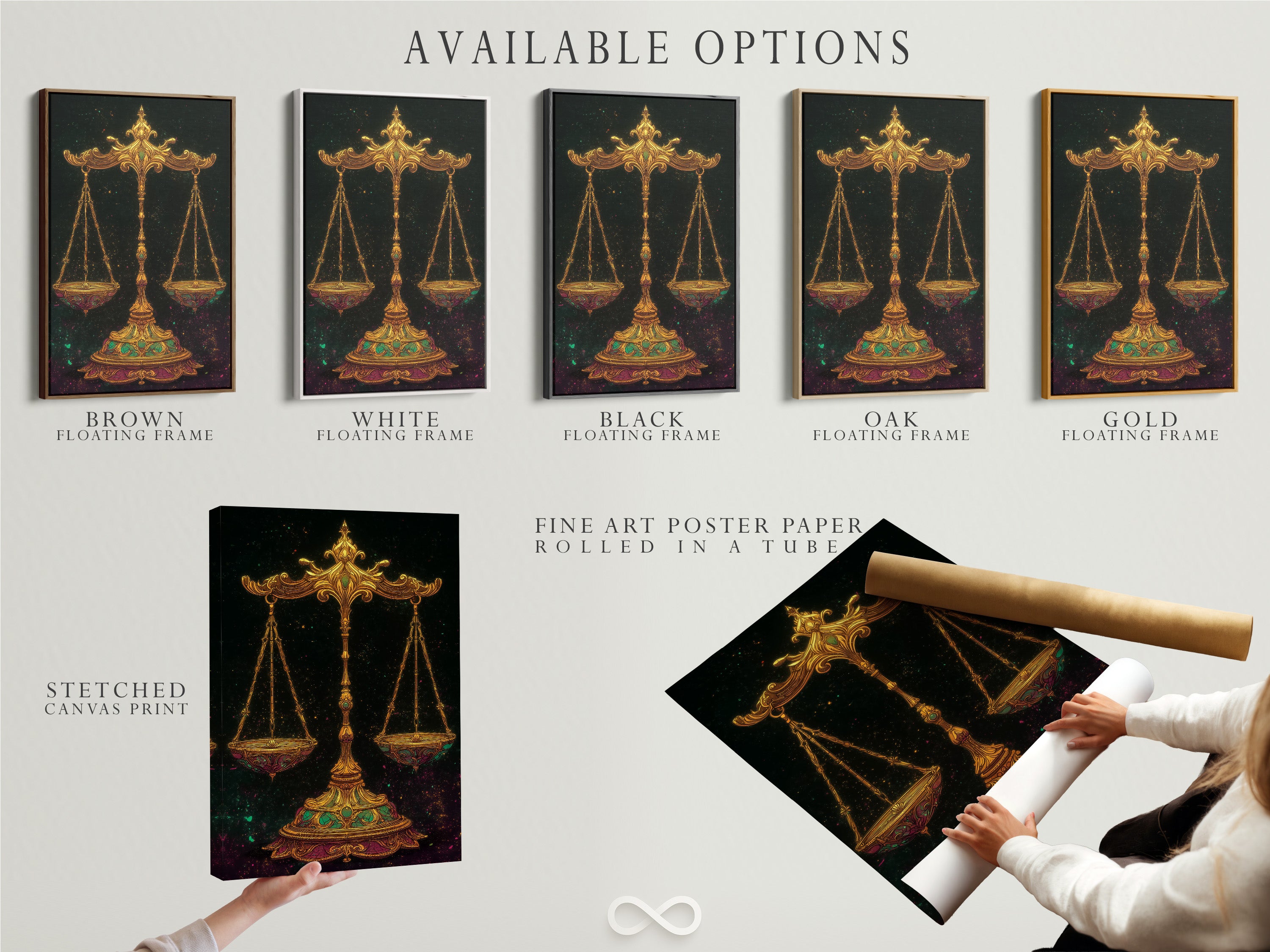 Explore our available options for the Libra Zodiac Art Print. Choose between a stretched canvas print fine art poster paper or a floating frame. The scales of justice artwork can be tailored to your style. Find the perfect artwork today.