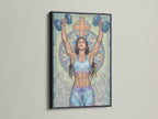 Christian Gym Wall Art in a black frame. This faith fitness print is perfect for a home gym. The inspirational artwork shows a woman weightlifting. The background includes a cross design. This spiritual workout canvas adds motivation.