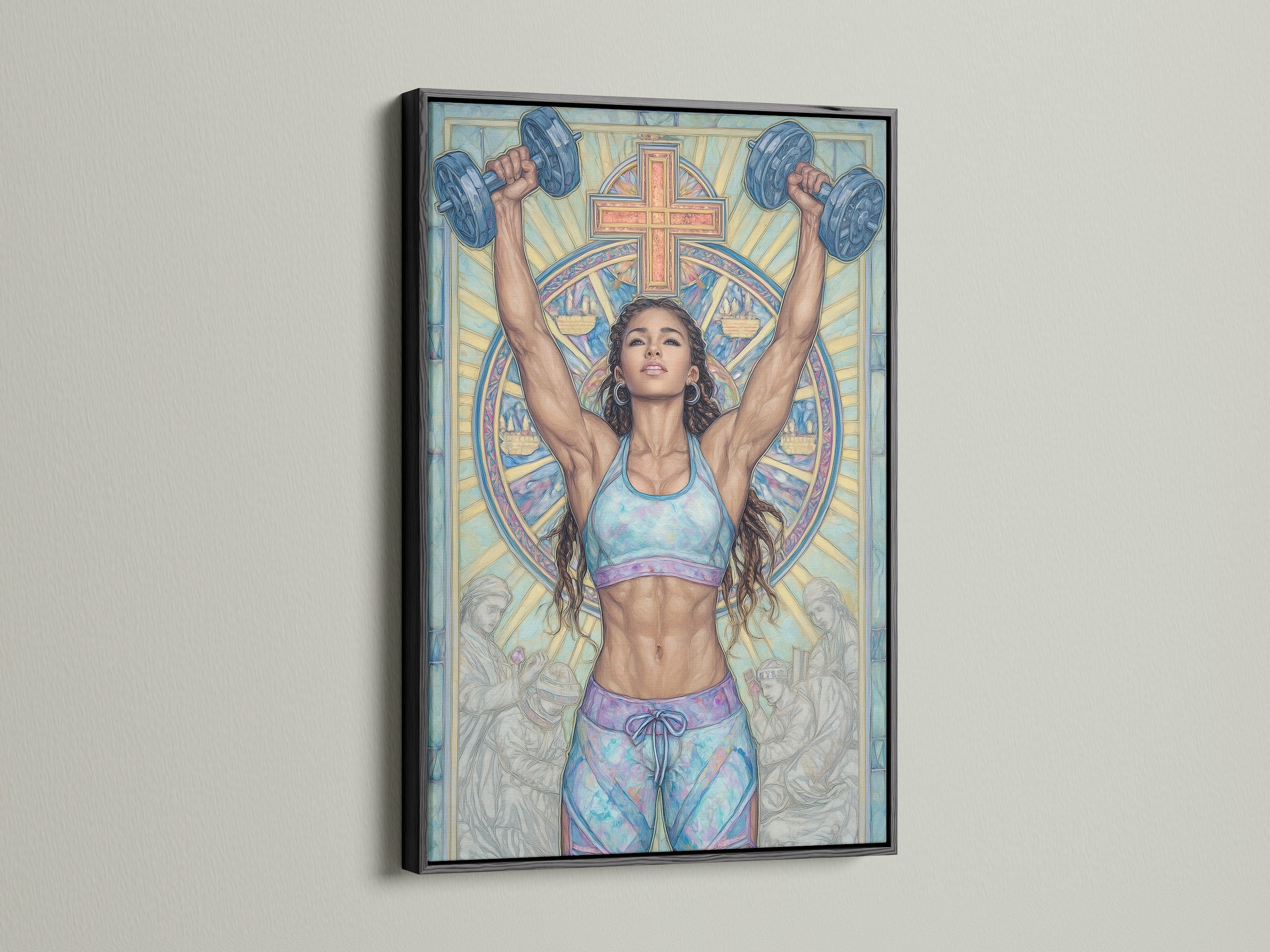 Christian Gym Wall Art in a black frame. This faith fitness print is perfect for a home gym. The inspirational artwork shows a woman weightlifting. The background includes a cross design. This spiritual workout canvas adds motivation.