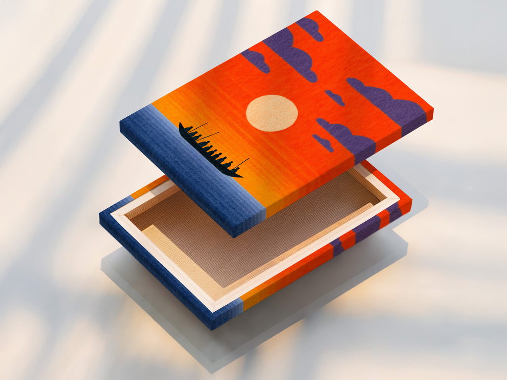 A stretched canvas print of the Sunset Boat artwork. This orange sky wall art is ready to hang. Perfect for adding a coastal touch to your space. The stretched canvas ensures a gallery-quality look. Shop today.