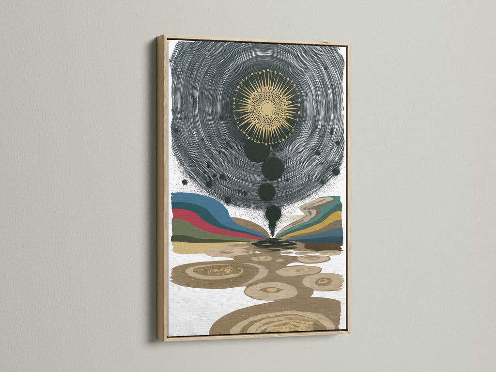Close-up of a canvas print in an oak frame. The oak frame enhances the celestial wall art. This boho canvas print provides a natural border. Perfect for adding warmth to modern abstract art. Consider this frame for your sun poster print or mystical artwork