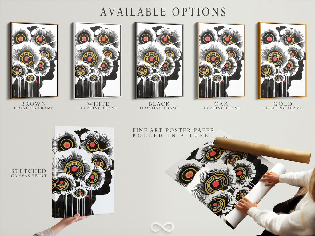 Explore the available options for this abstract floral artwork. Choose between a stretched canvas print a fine art poster paper or a floating frame. The modern botanical wall art features black white and gold accents. Perfect for urban dwellers and art enthusiasts.