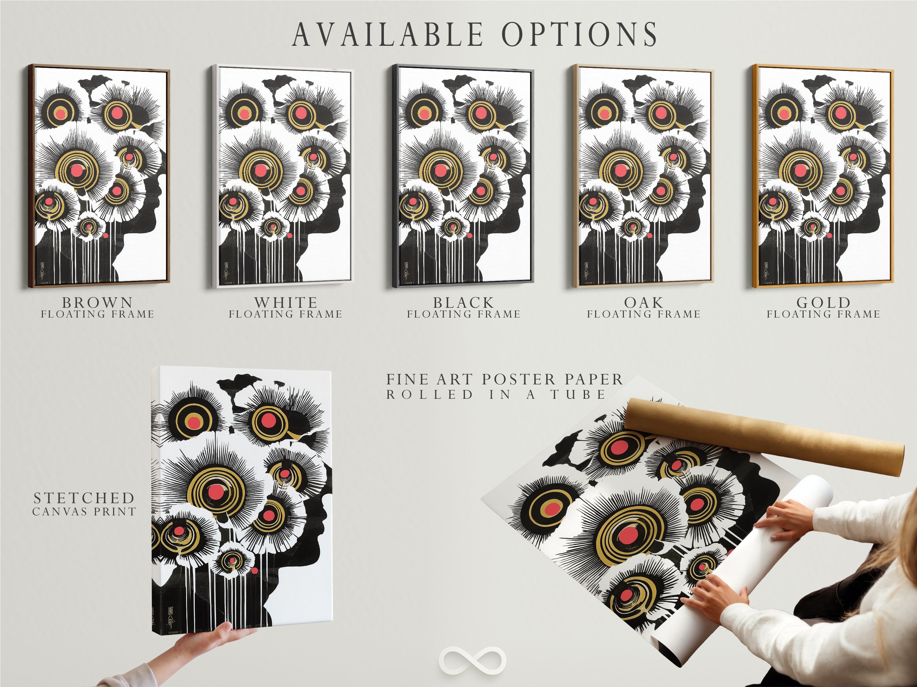 Explore the available options for this abstract floral artwork. Choose between a stretched canvas print a fine art poster paper or a floating frame. The modern botanical wall art features black white and gold accents. Perfect for urban dwellers and art enthusiasts.