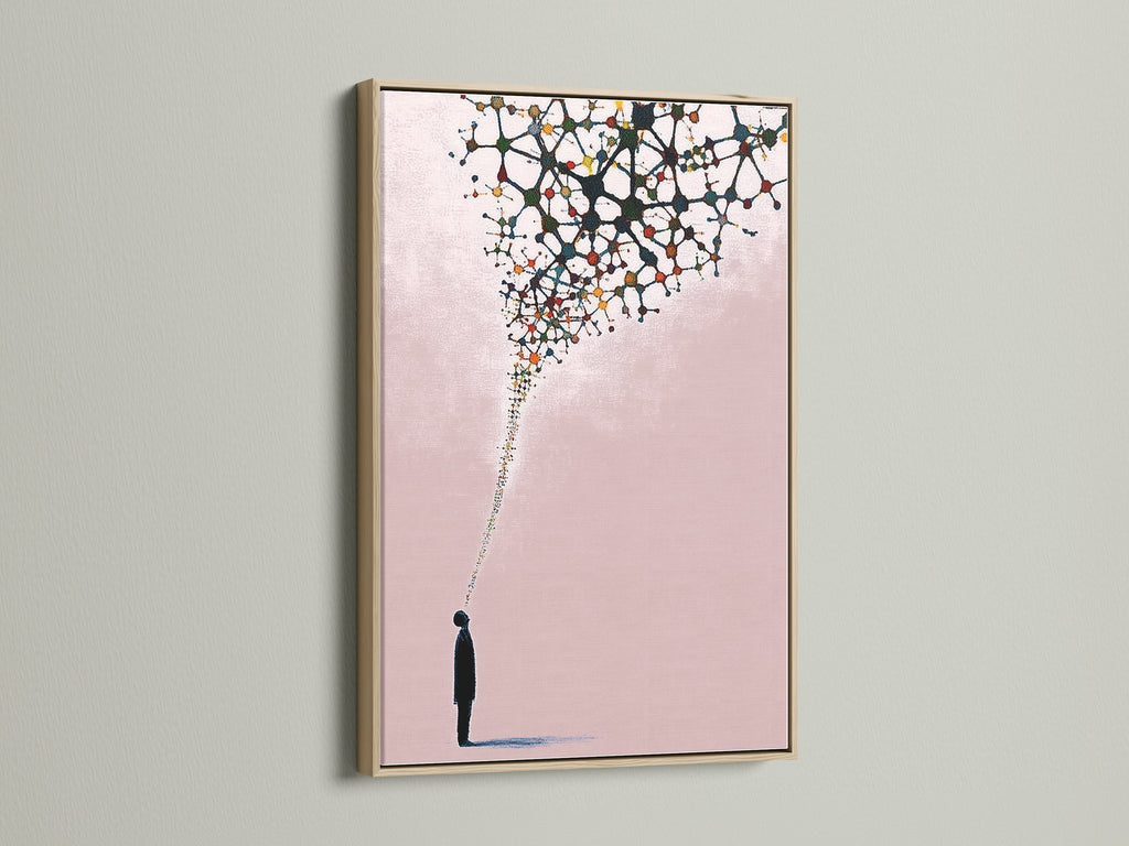 The abstract silhouette art print is showcased in an oak frame. This minimalist artwork features pink hues. It's ideal for modern canvas art enthusiasts. Great as office wall art or a stylish addition to any contemporary print collection.