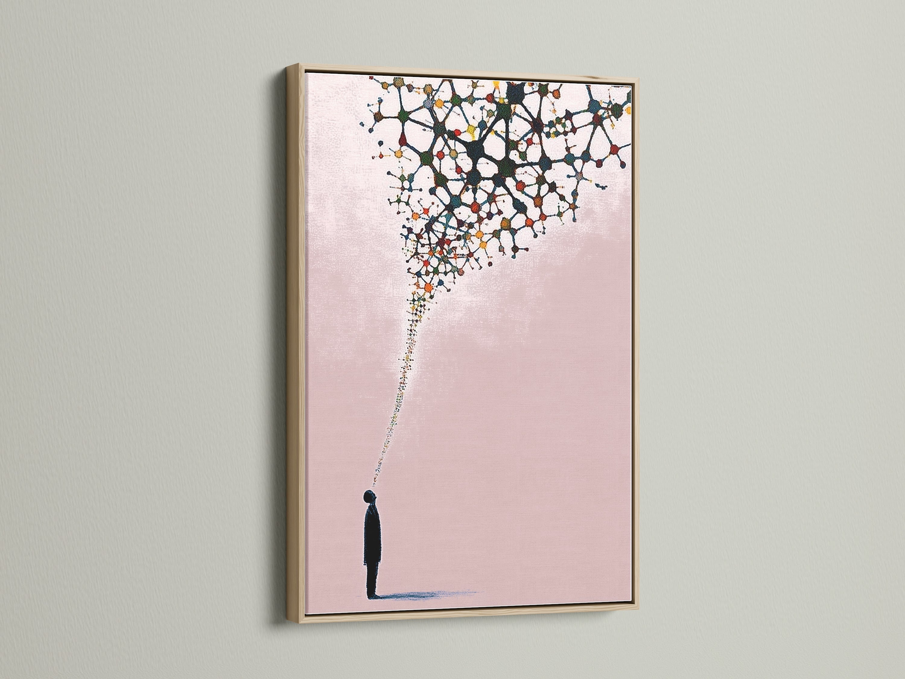 The abstract silhouette art print is showcased in an oak frame. This minimalist artwork features pink hues. It's ideal for modern canvas art enthusiasts. Great as office wall art or a stylish addition to any contemporary print collection.