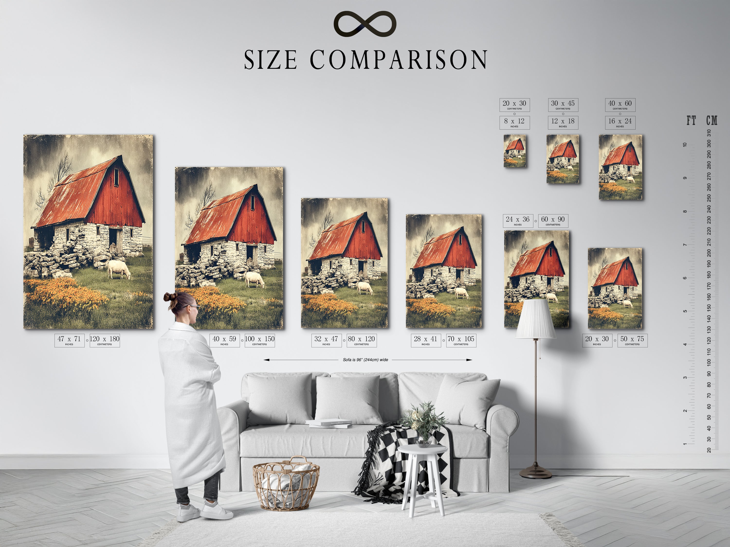 Size comparison chart in an interior setting. See how our rustic barn canvas art fits in your space. Perfect farmhouse decor for any room. Choose the right size for your vintage barn print. Enhance your country home decor with our art.