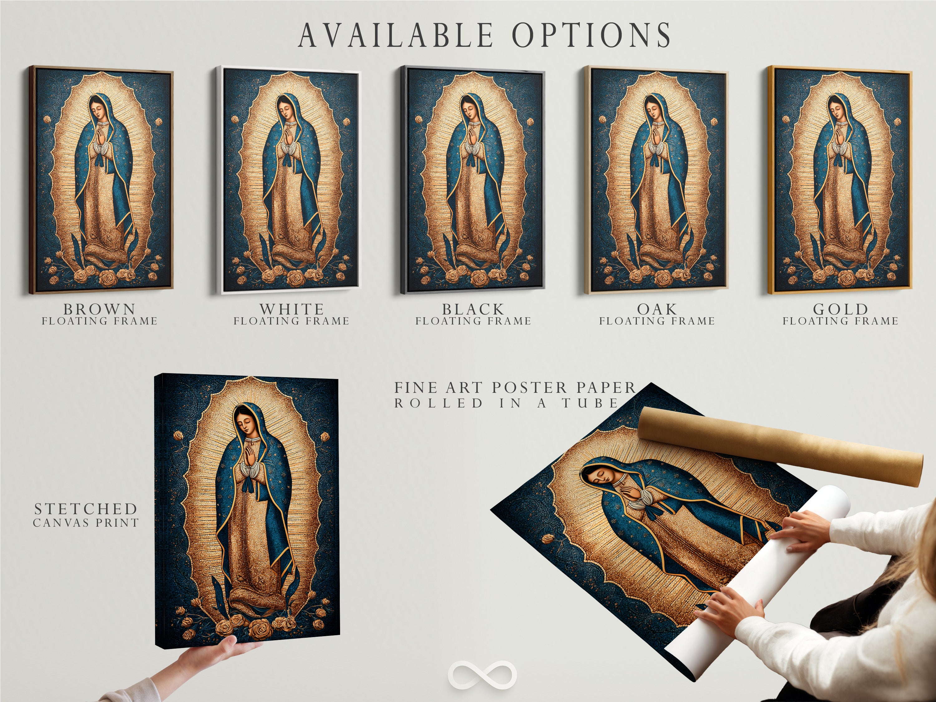 Explore available options for Our Lady of Guadalupe artwork. Choose from stretched canvas prints fine art poster paper or a floating frame. Find the perfect style for your Catholic home art and sacred art print needs.
