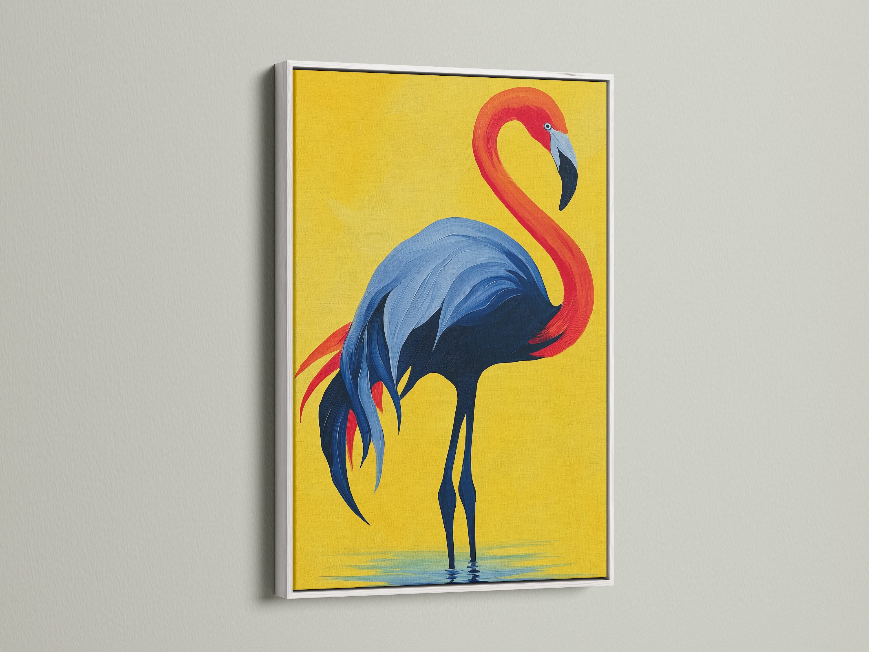 Flamingo art print in a clean white frame. This modern wall art pops against the white backdrop. The vibrant colors of red blue and yellow bring life to any space. Ideal for adding a fresh touch to your home.
