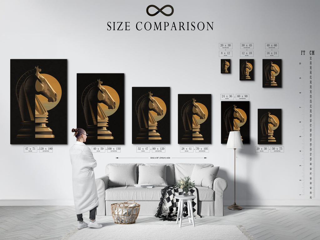 A size comparison chart is displayed in an interior setting. The chart helps visualize artwork dimensions. It assists in choosing the perfect size for your space. See how different sizes look on your wall. This chart is a valuable tool for art selection.