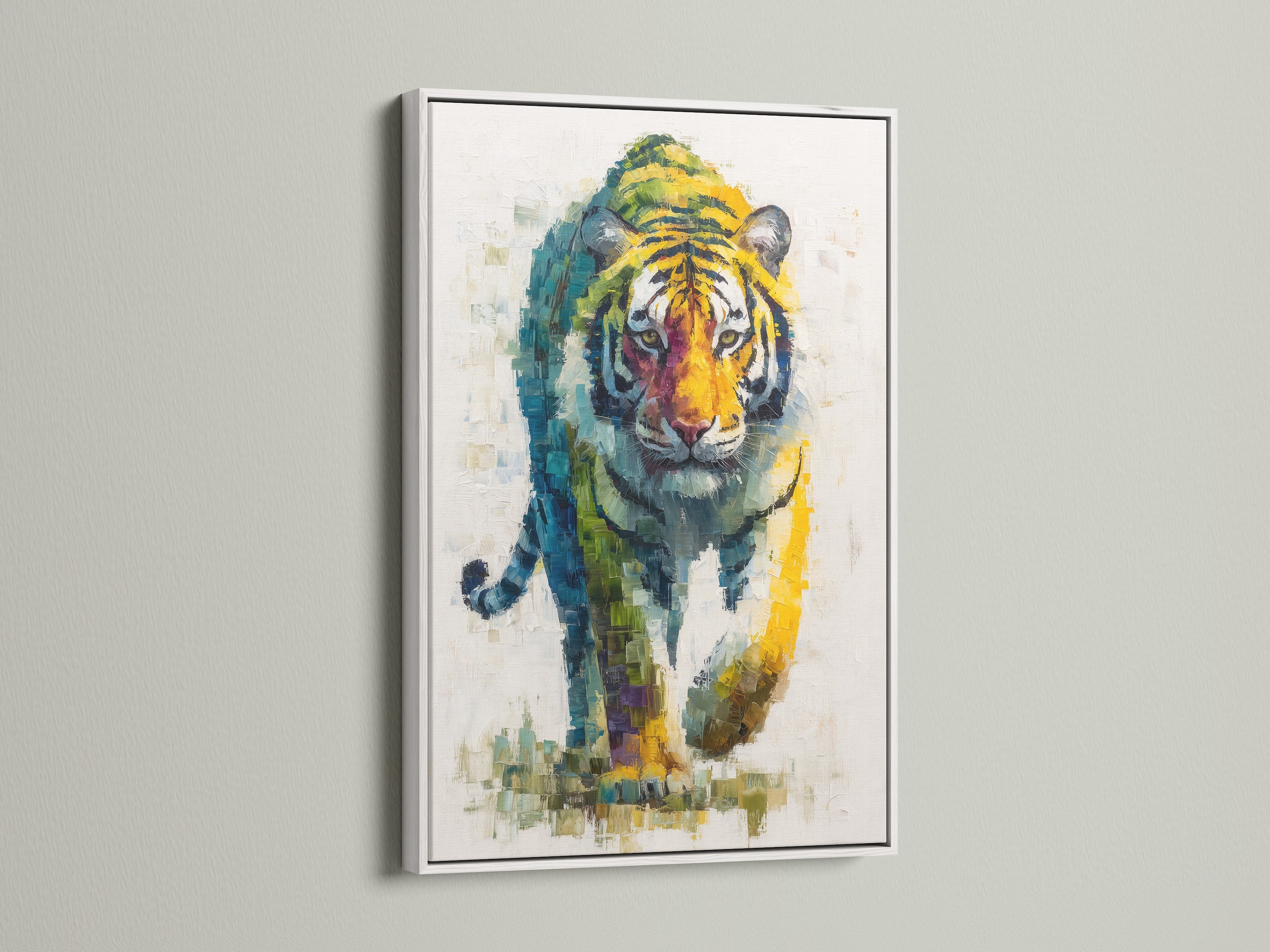Tiger Wall Art in a white frame. The white frame provides a clean modern look. This colorful animal artwork is ideal for eclectic styles. The big cat art print is a vibrant addition to any room.