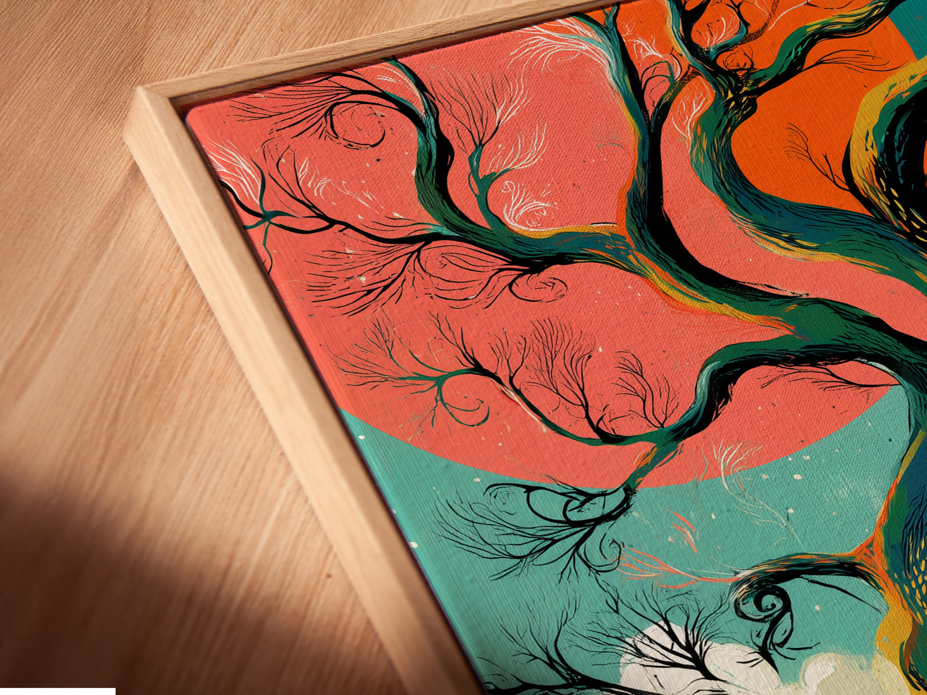 Close-up of a canvas print featuring a winter tree in a floating frame. The teal and coral sky artwork adds depth and style. Elevate your bedroom wall decor with this modern fantasy landscape. Explore nature artwork.