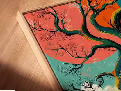 Close-up of a canvas print featuring a winter tree in a floating frame. The teal and coral sky artwork adds depth and style. Elevate your bedroom wall decor with this modern fantasy landscape. Explore nature artwork.