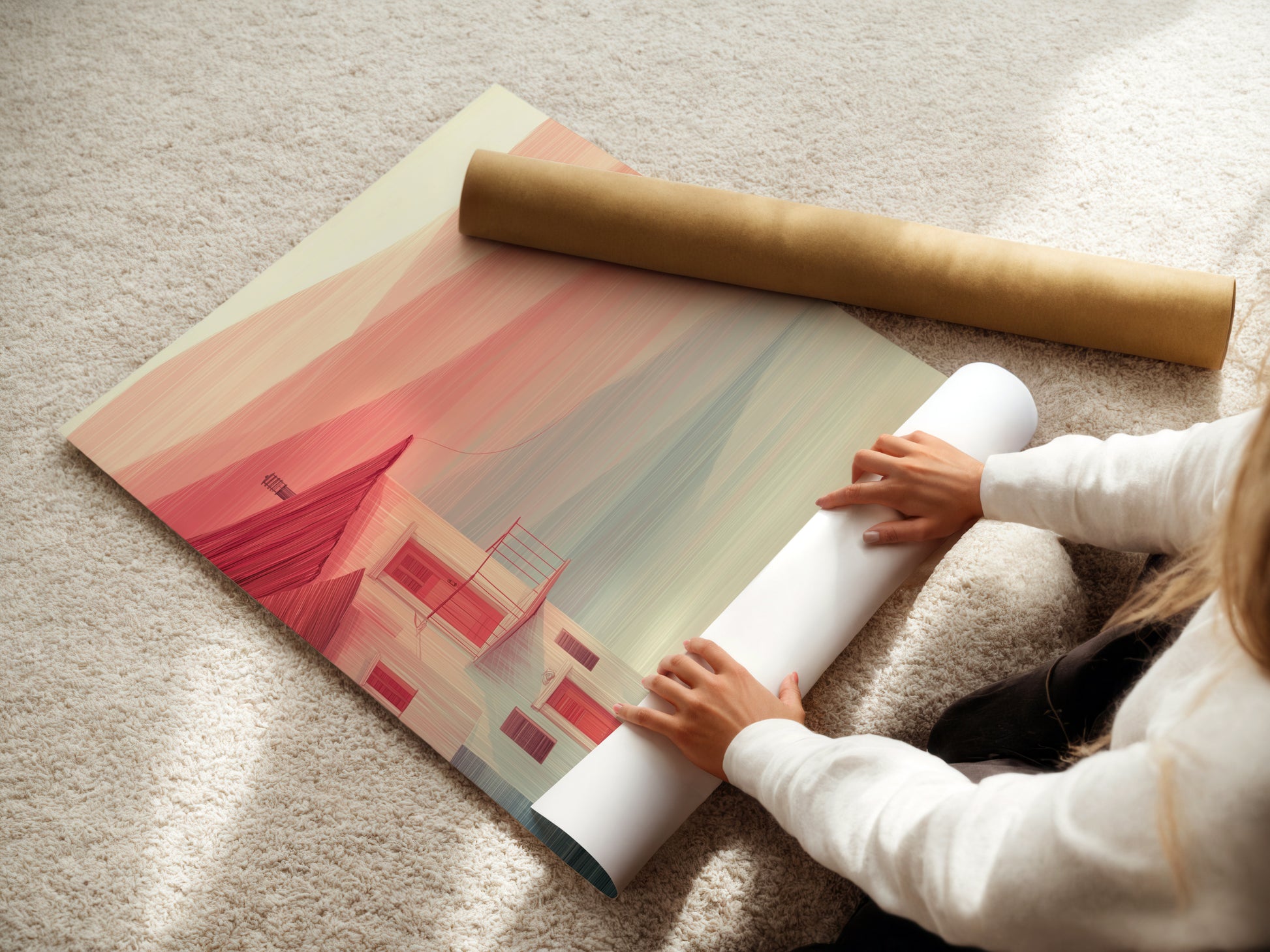 A woman is carefully rolling a fine art poster paper. This paper features a coastal house artwork with a red boat. The minimalist seascape print is perfect for framing. This fine art print is ideal for coastal home decor. It is suitable for living rooms bedrooms and offices. Discover serene and quiet harbor art.