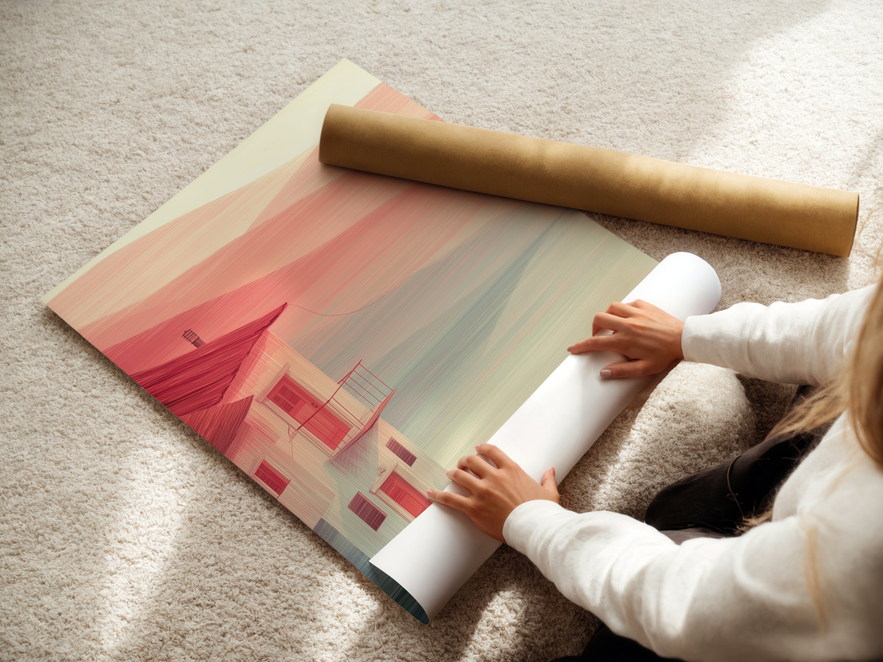 A woman is carefully rolling a fine art poster paper. This paper features a coastal house artwork with a red boat. The minimalist seascape print is perfect for framing. This fine art print is ideal for coastal home decor. It is suitable for living rooms bedrooms and offices. Discover serene and quiet harbor art.