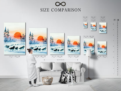 A size comparison chart is shown in an interior setting. It showcases the wolf art winter forest print. Understand dimensions for perfect cabin wall decor. Teal blue landscape fits any room style.