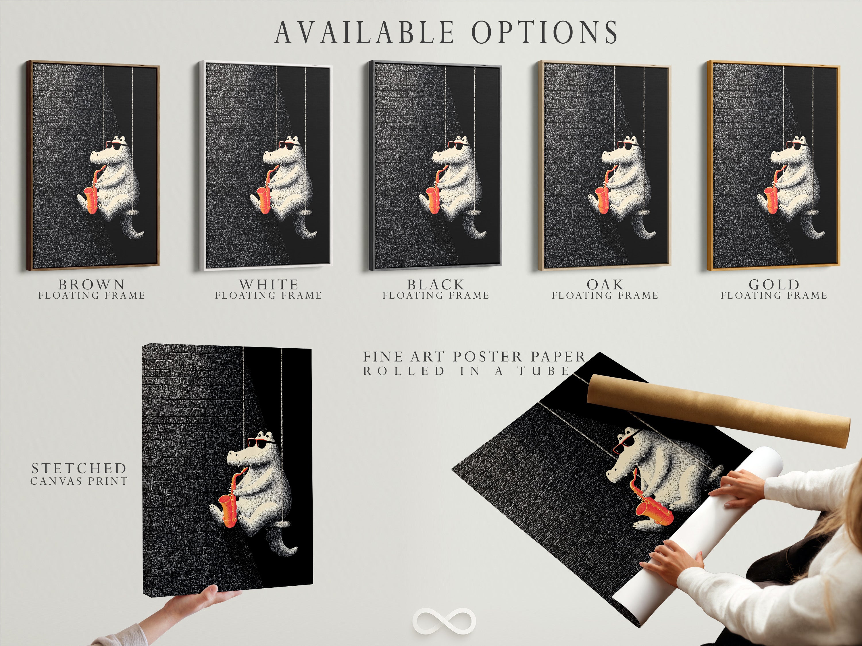 Explore the available options for your artwork. Choose from a stretched canvas print. Or select fine art poster paper and a floating frame. Customize your art to fit your style and space. Discover artwork options now.