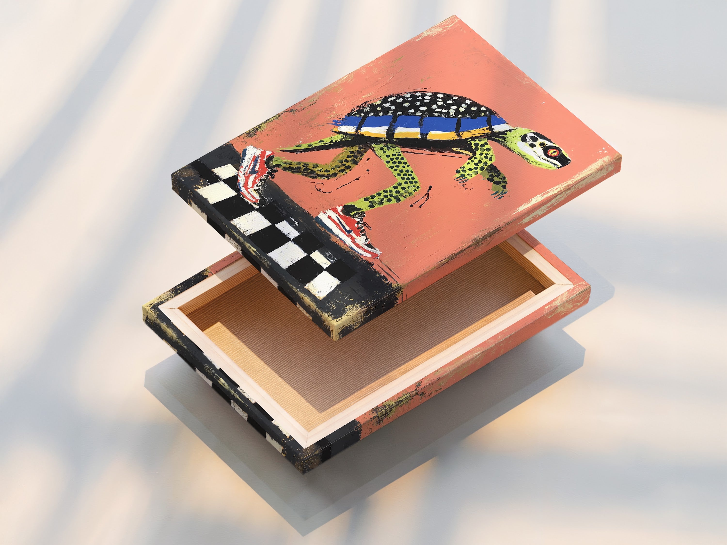 A stretched canvas print of the turtle skateboard art. The canvas enhances the texture and colors of this artwork. Its ready to hang and adds a playful urban vibe to any space. This is perfect for kids rooms teen bedrooms or recreational areas. Enjoy this funky animal art.