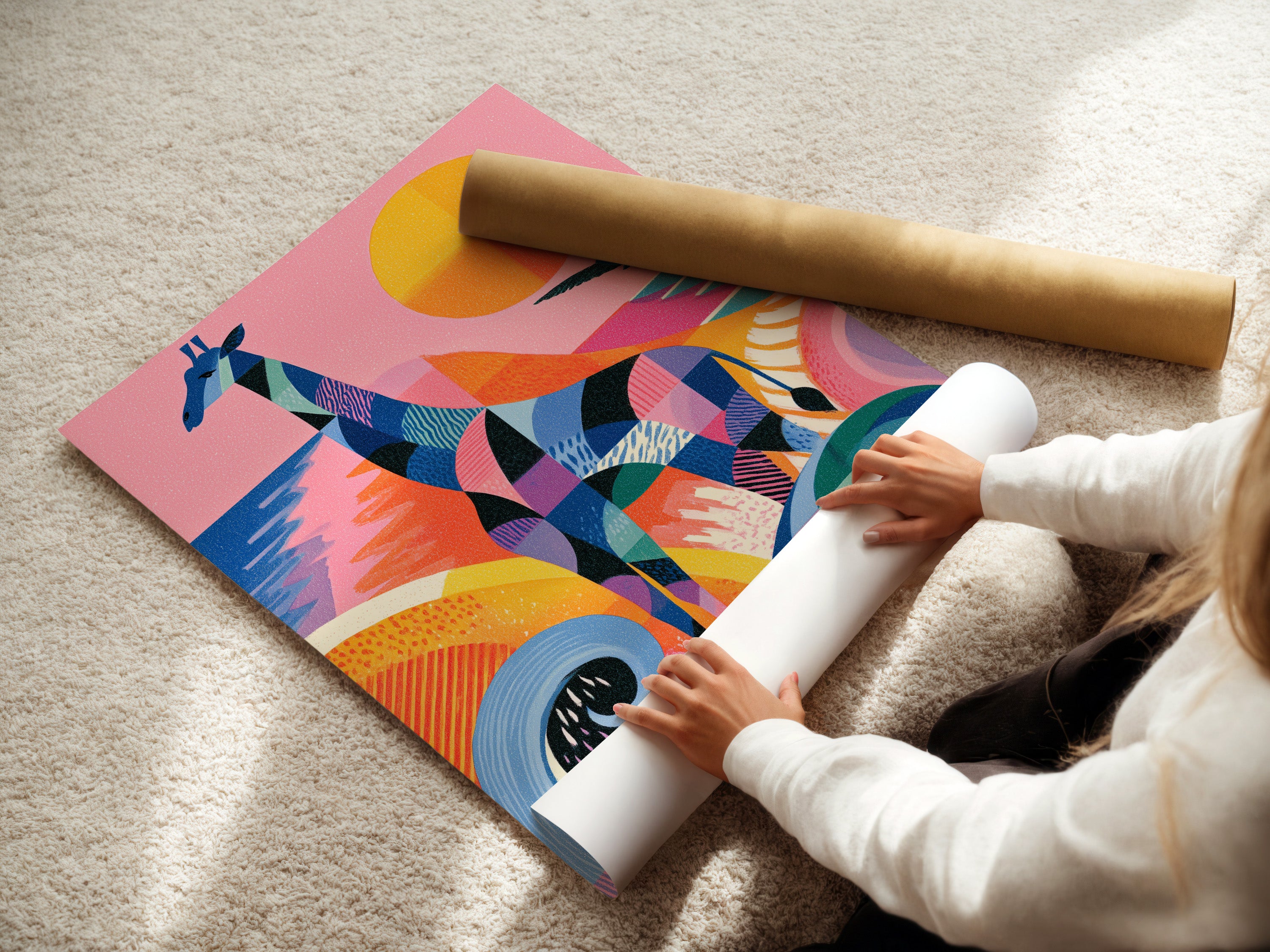 A woman is carefully rolling a fine art poster paper. Prepare to display your colorful giraffe artwork in style. This modern abstract wildlife wall art is perfect for nurseries. Enjoy vibrant animal artwork that brightens any kids room.