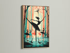 Ballerina art in an oak frame. The artwork features teal and coral colors. It is perfect dance wall art for a dance studio. It can also be used as ballet decor in a theater or bedroom.