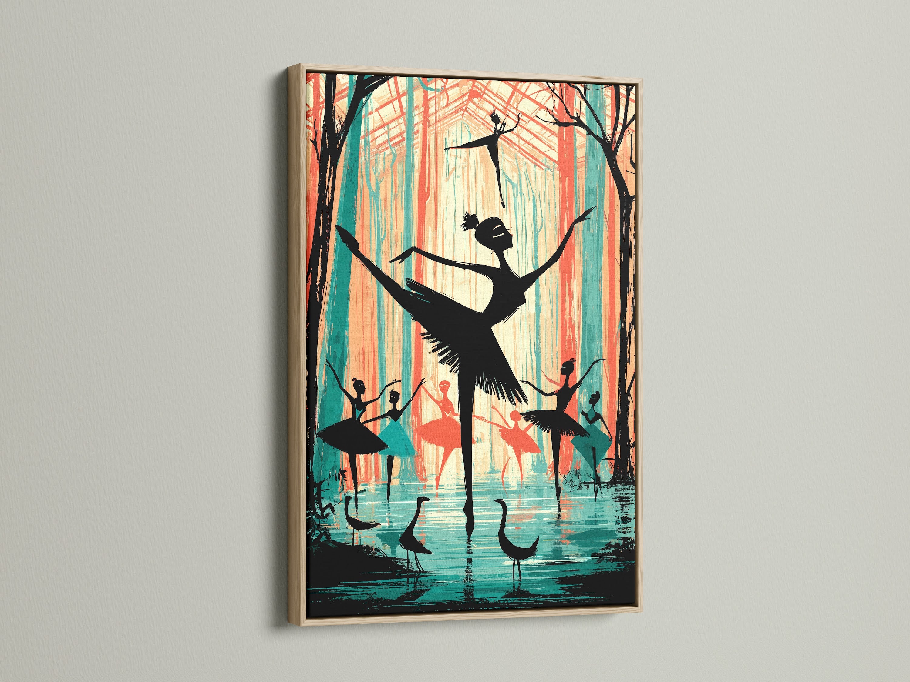 Ballerina art in an oak frame. The artwork features teal and coral colors. It is perfect dance wall art for a dance studio. It can also be used as ballet decor in a theater or bedroom.