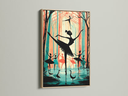 Ballerina art in an oak frame. The artwork features teal and coral colors. It is perfect dance wall art for a dance studio. It can also be used as ballet decor in a theater or bedroom.