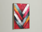 Enhance your walls with our Chevron Print Geometric Canvas in an oak frame. The red and teal art provides a modern brushstroke. Ideal for homeowners renters and interior stylists. Discover contemporary artwork for any space.