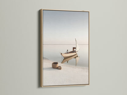Sailboat Canvas Print in an oak frame. Enhance your space with this neutral coastal canvas. A minimalist nautical print that brings a beachy vibe to any room. The ocean view is so calming.