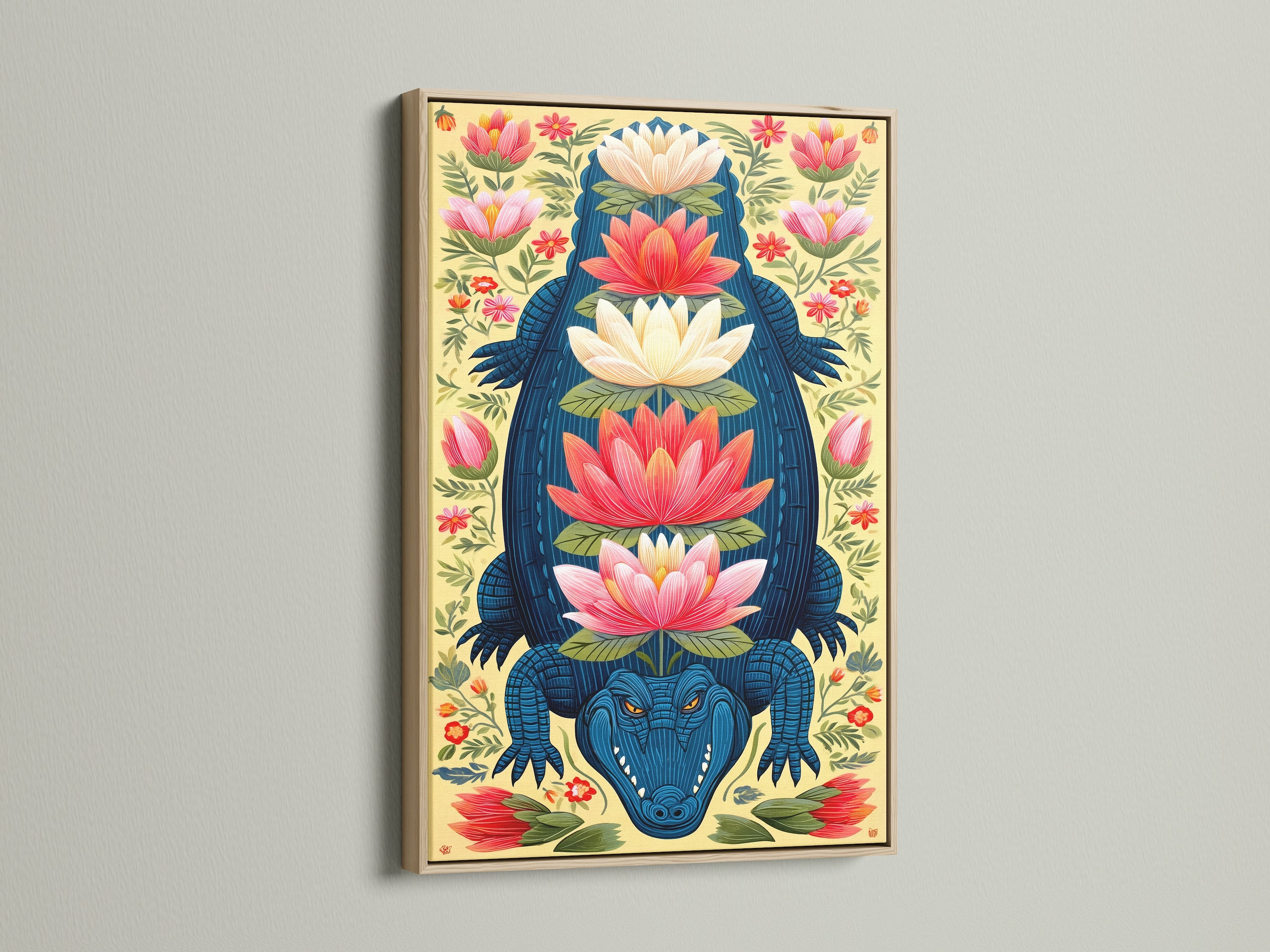 A stunning Alligator Canvas Print is displayed in an oak frame. The botanical wall art features teal and coral colors. It adds a touch of modern exotic decor to any home. This gator canvas is perfect for bohemian eclectic or southern-inspired aesthetics.