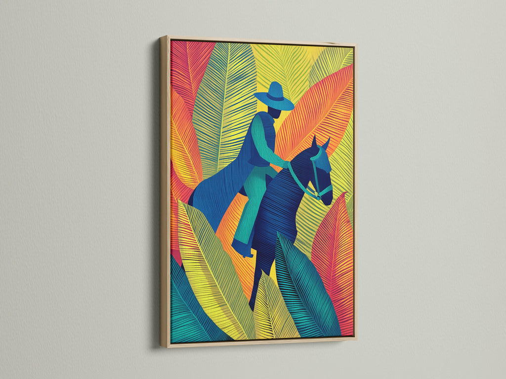 Equestrian art in an oak frame. This unique horse rider print features vibrant tropical leaves. The modern artwork brings a touch of the west. It's perfect as equine decor.