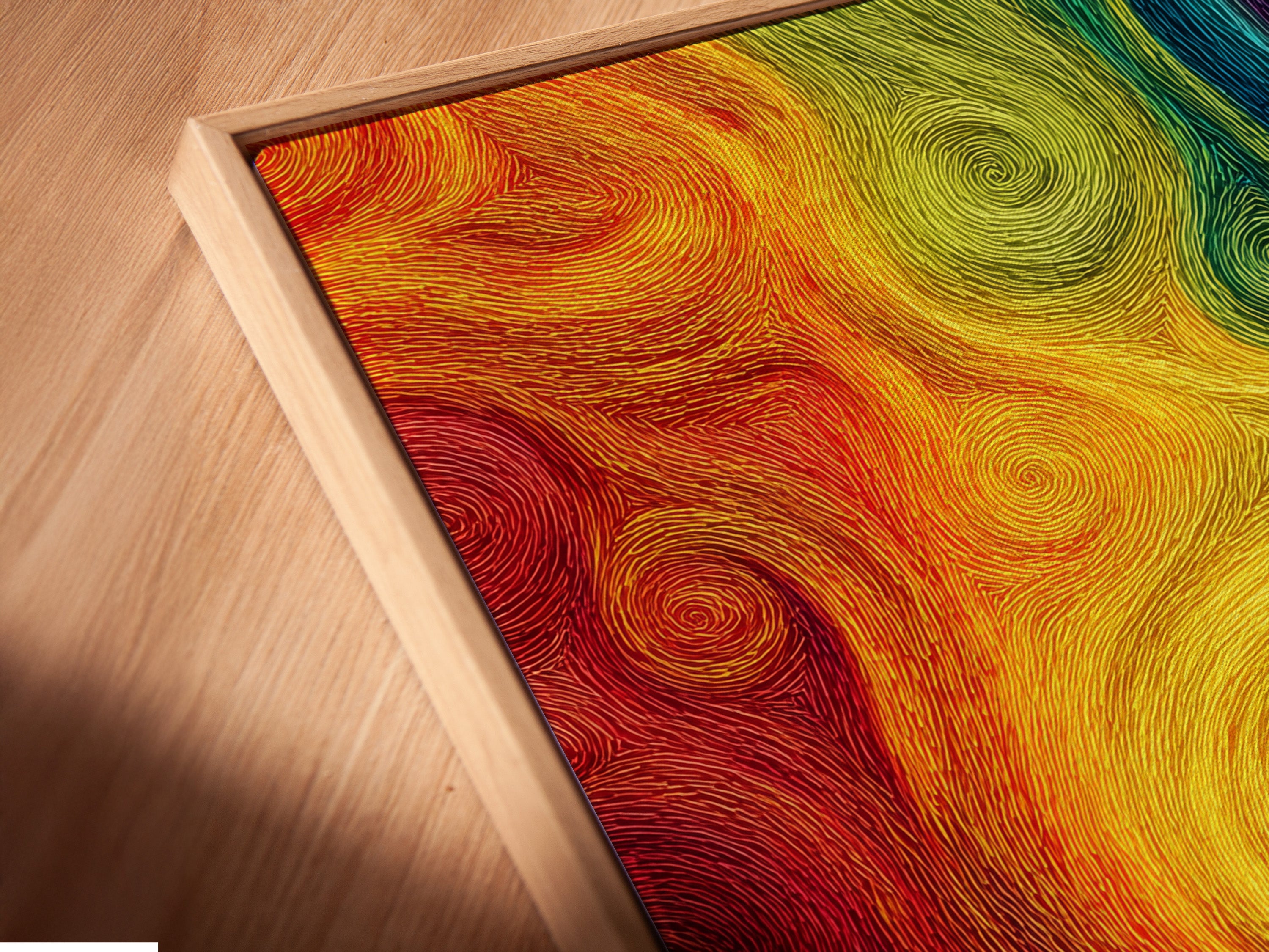 A close-up of a canvas print in a floating frame is displayed. The abstract swirl artwork features a colorful rainbow pattern. This modern psychedelic print adds depth and sophistication to any wall. The floating frame enhances the artwork's contemporary appeal.