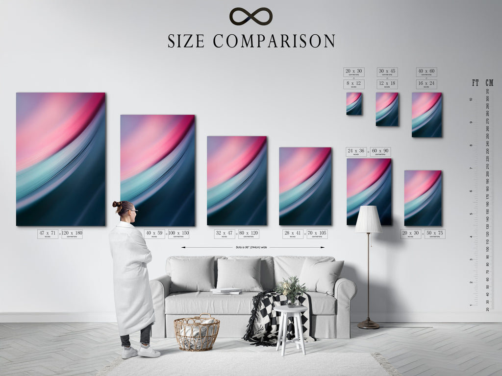 Size comparison chart displayed in an interior. Visualize different art sizes in a room setting. Compare sizes to find the perfect fit. This chart helps you choose the right art dimensions. See how art transforms various spaces. Make informed art buying decisions.