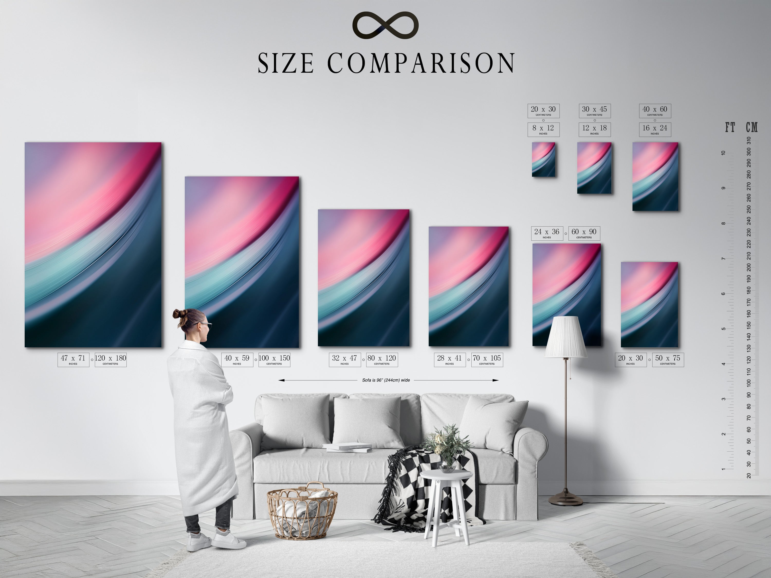 Size comparison chart displayed in an interior. Visualize different art sizes in a room setting. Compare sizes to find the perfect fit. This chart helps you choose the right art dimensions. See how art transforms various spaces. Make informed art buying decisions.